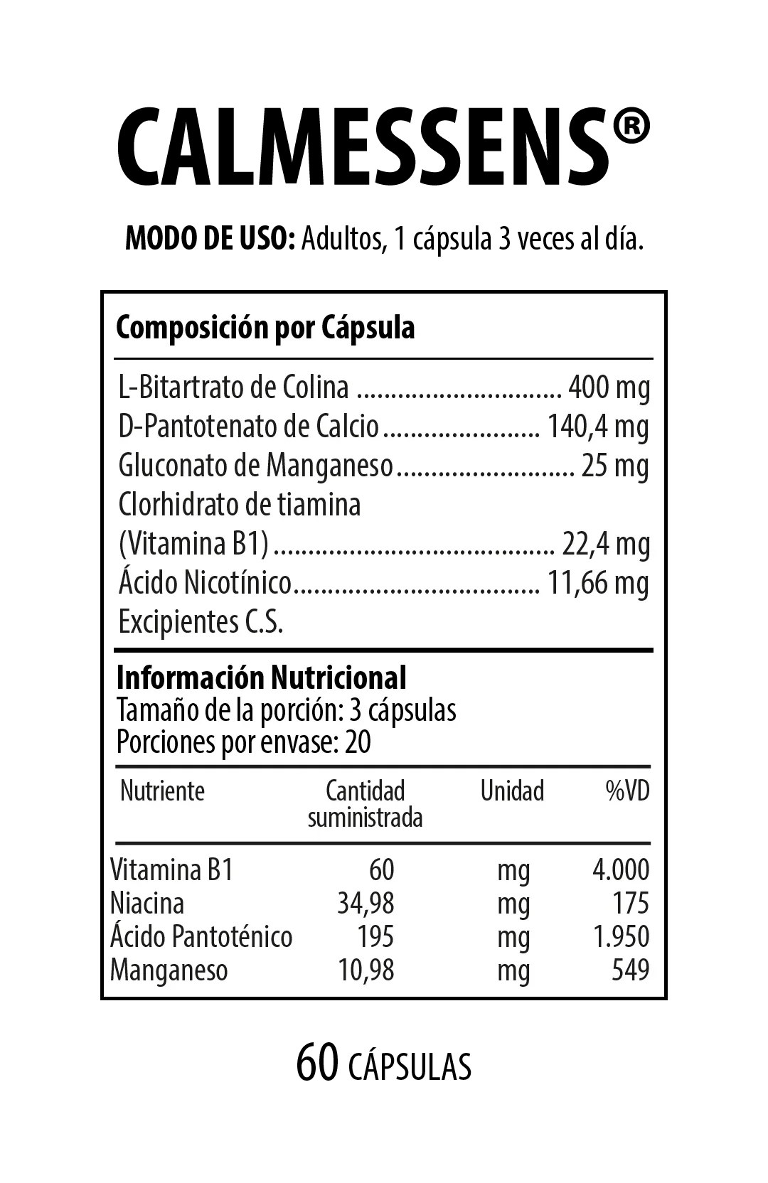 Calmessens Suplemento Dietario 60 Cápsulas NUTRABIOTICS® - Image 2