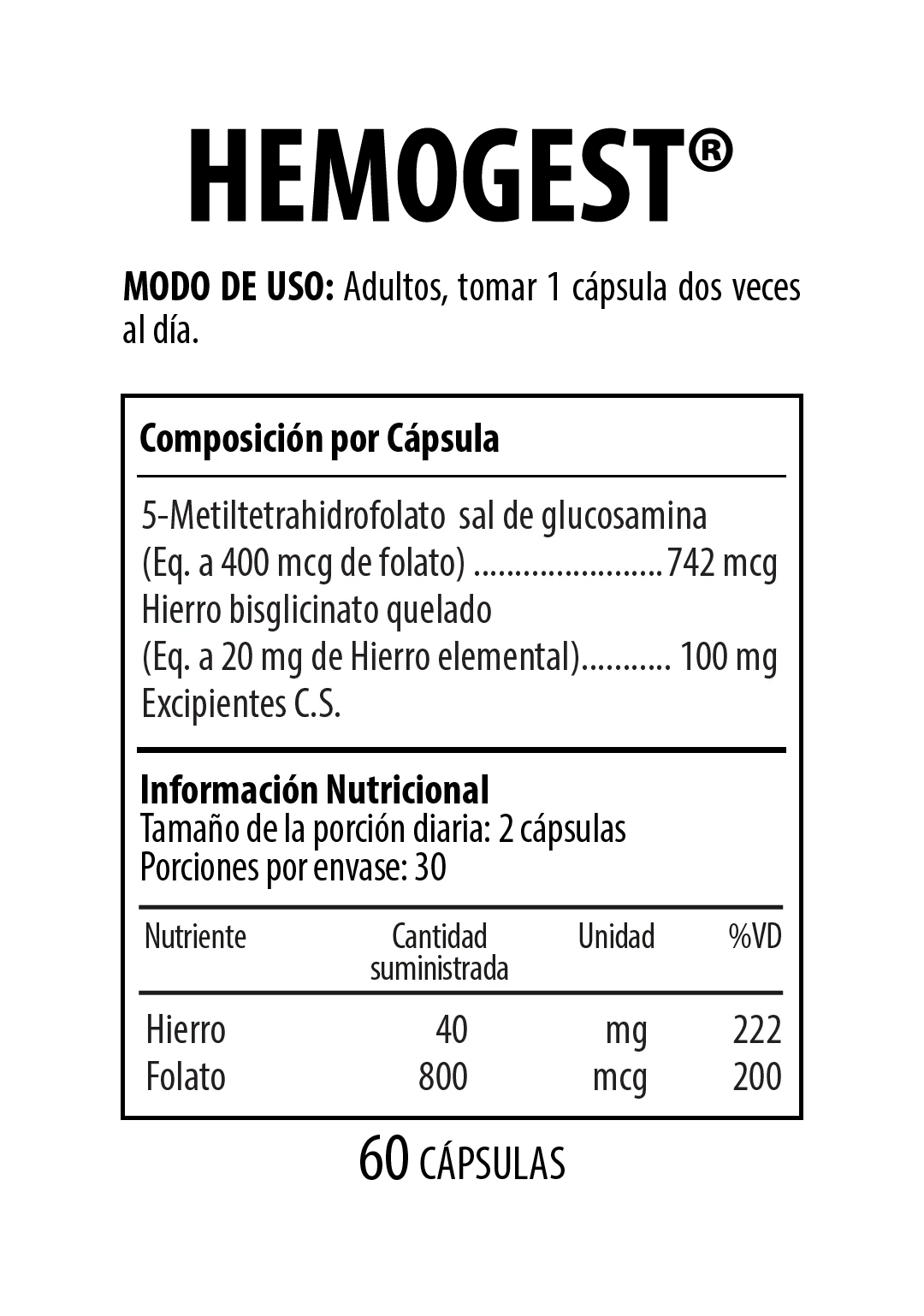 Hemogest Suplemento Dietario 60 Cápsulas NUTRABIOTICS® - Image 2