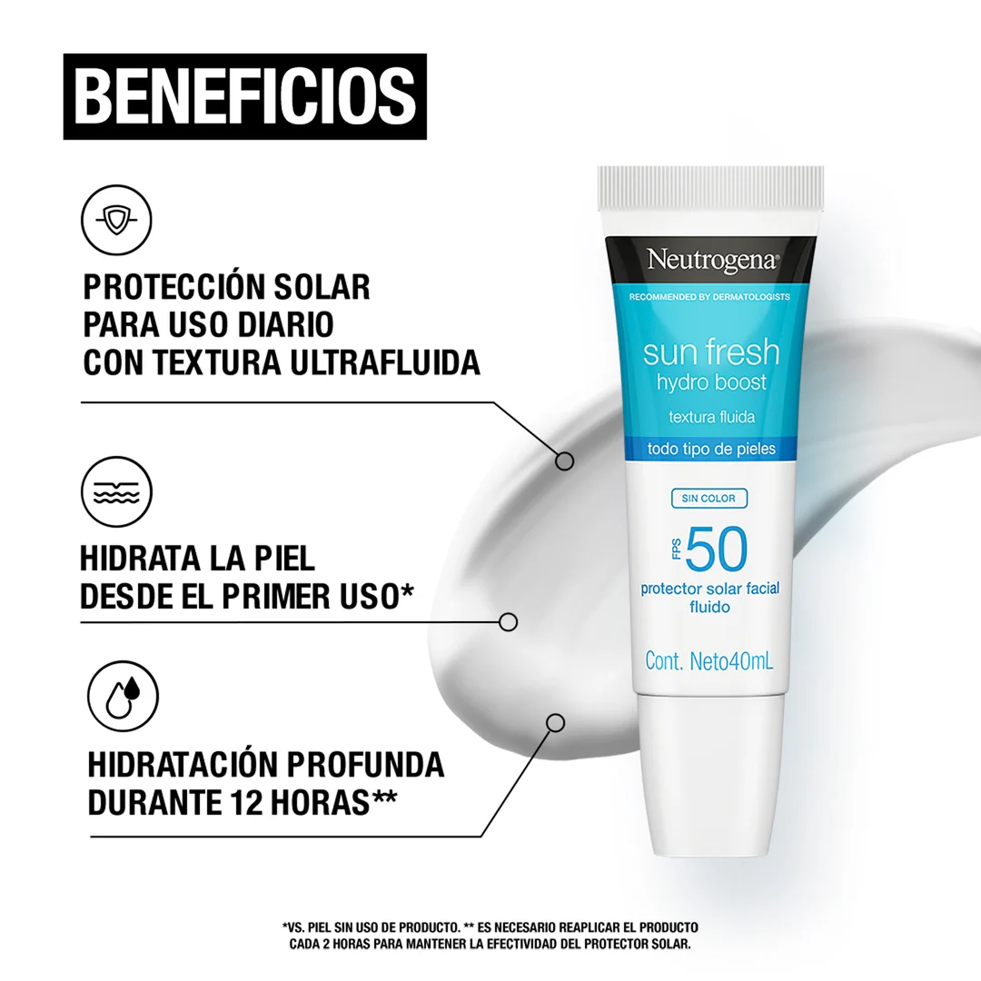 Protector Solar Facial Hydro Boost Ácido Hialurónico Sin Color FPS50 40mL Neutrogena® - Image 6